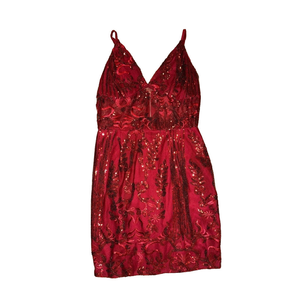 RED SEQUIN MINI DRESS WITH MESH CENTER